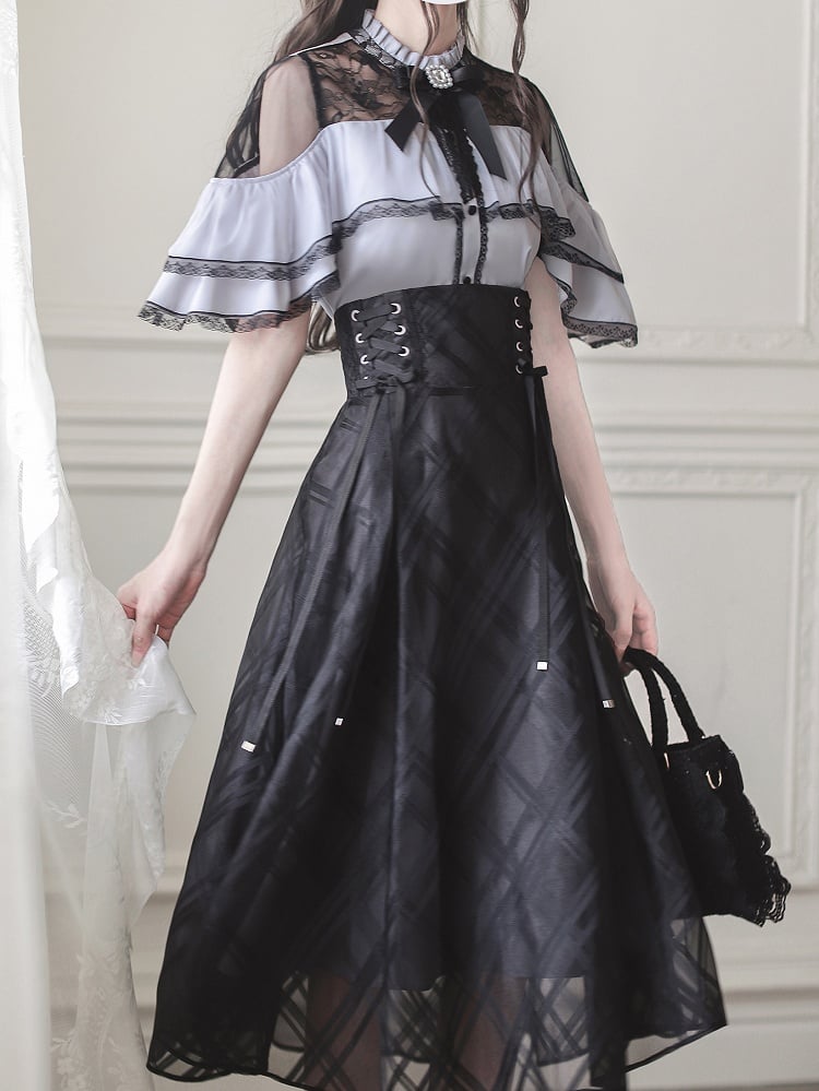 Overlay Plaid at Waist and Jirai Kei Black Details Skirt with Lace-up