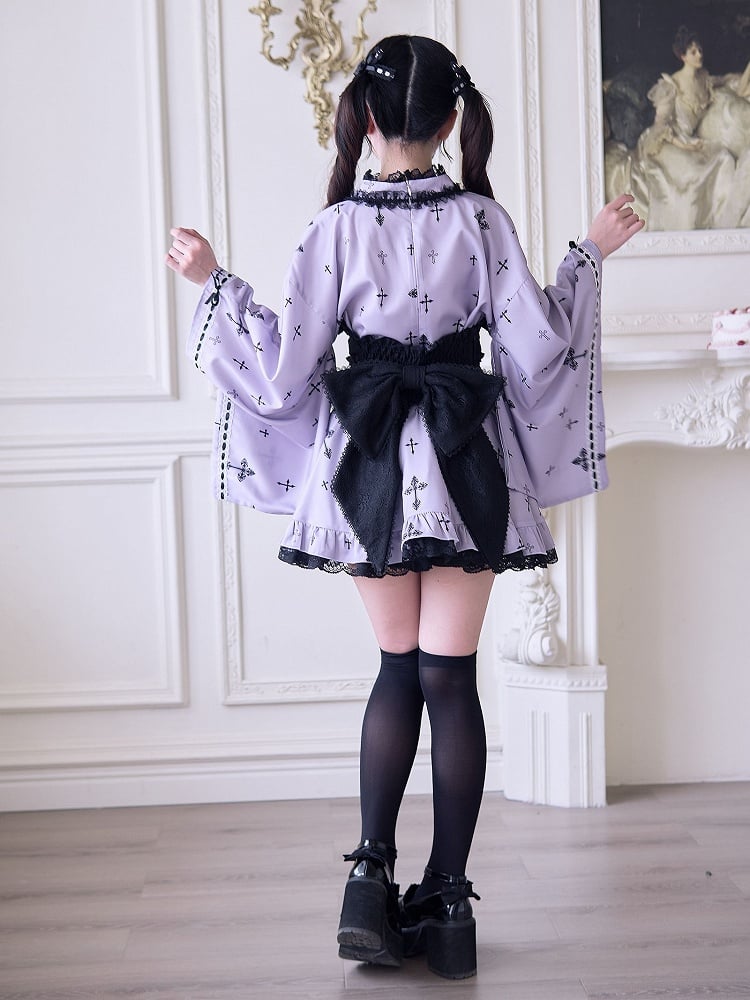 Purple Cross Details Kei Lace High Gothic Print Skirt: Waist Jirai and