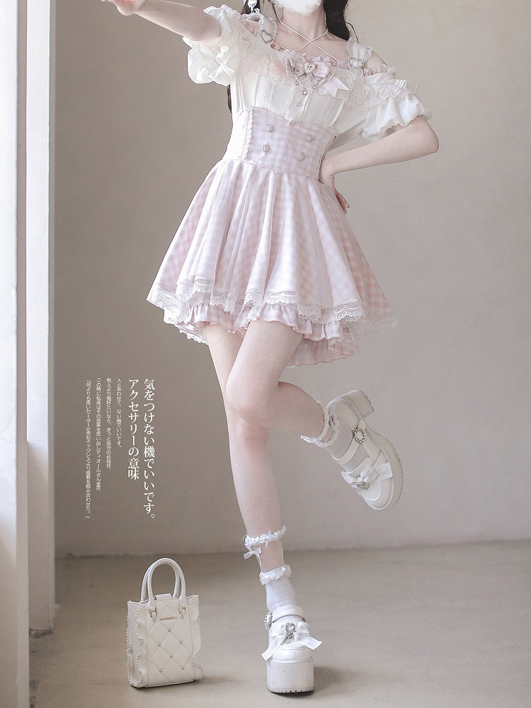 White Lace Plaid Jirai Kei High Waist Pink Trim Skirt with