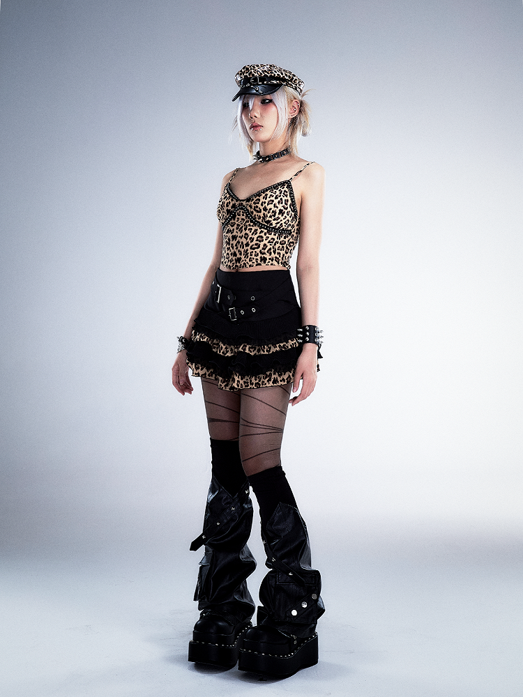 Crisscross Waist Belt Black Leopard Punk Lace Tiered Mini Skirt With