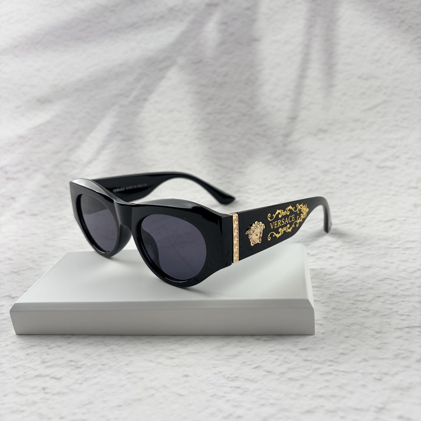 Classic Black Cat-Eye Sunglasses with Gold Baroque Temples