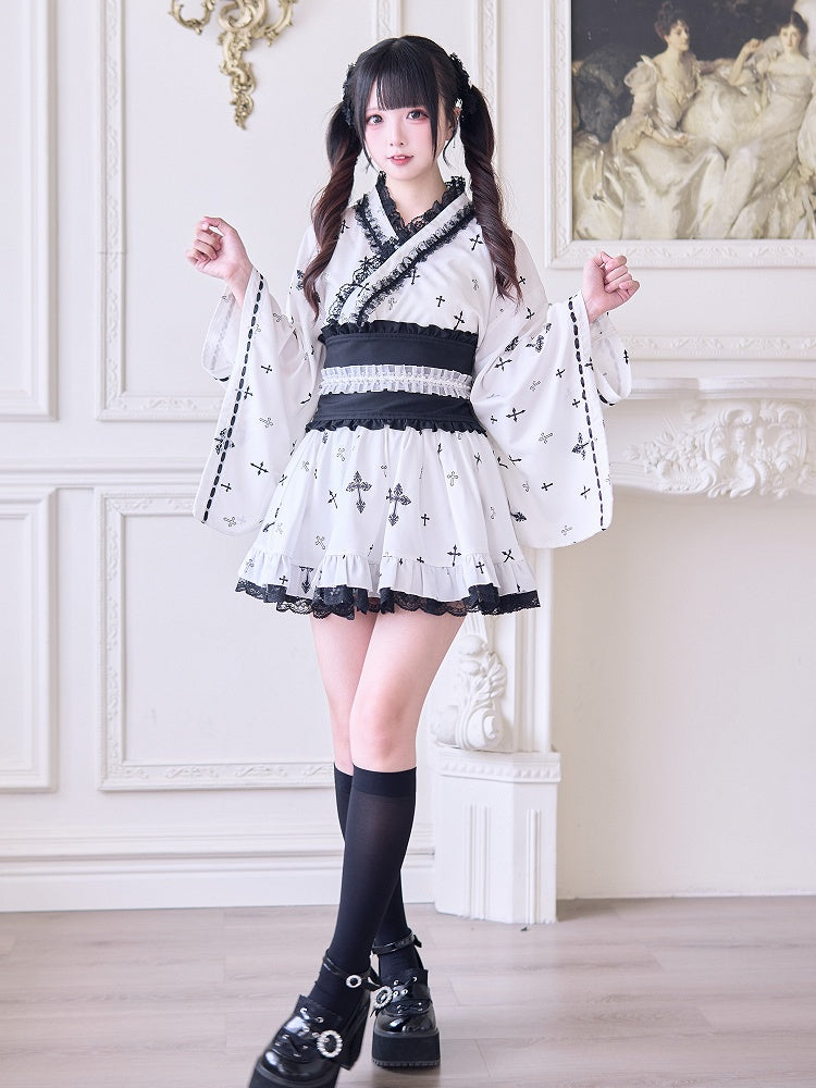High Waist Skirt with Black Gothic Cross Print and Lace Trim Jirai Kei White