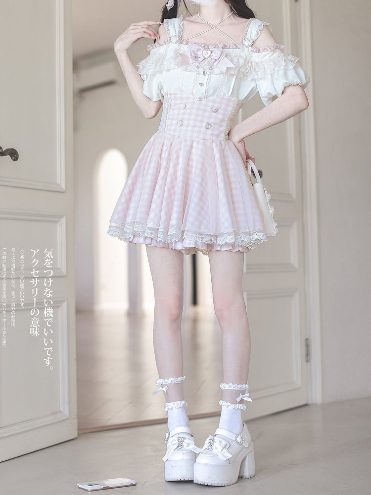 White Lace Plaid Jirai Kei High Waist Pink Trim Skirt with