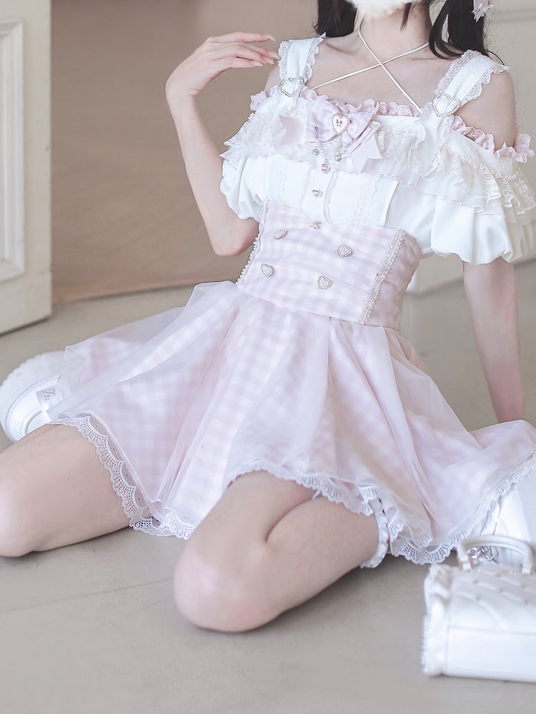 White Lace Plaid Jirai Kei High Waist Pink Trim Skirt with