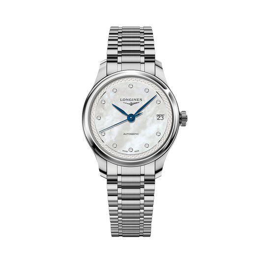 Longines Master 34mm Watch - White, Mother - of - Pearl, Diamond - Set on Bracelet