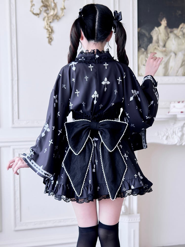 White Print Lace Kei with Waist Contrast and Black Skirt Jirai Hem Cross High