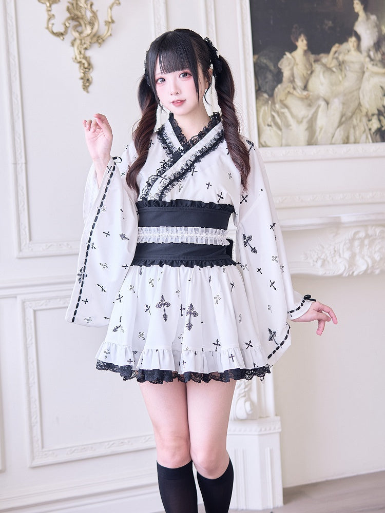 High Waist Skirt with Black Gothic Cross Print and Lace Trim Jirai Kei White
