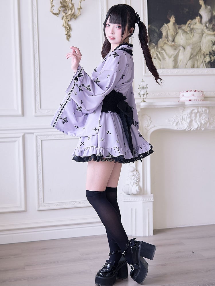 Purple Cross Details Kei Lace High Gothic Print Skirt: Waist Jirai and
