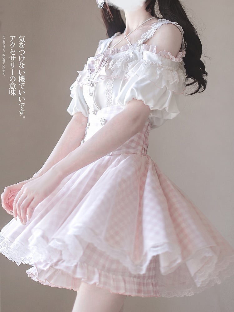 White Lace Plaid Jirai Kei High Waist Pink Trim Skirt with