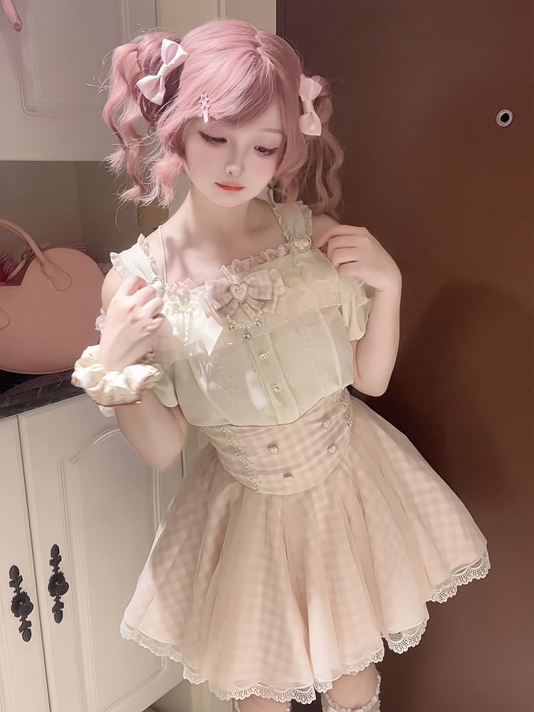 White Lace Plaid Jirai Kei High Waist Pink Trim Skirt with