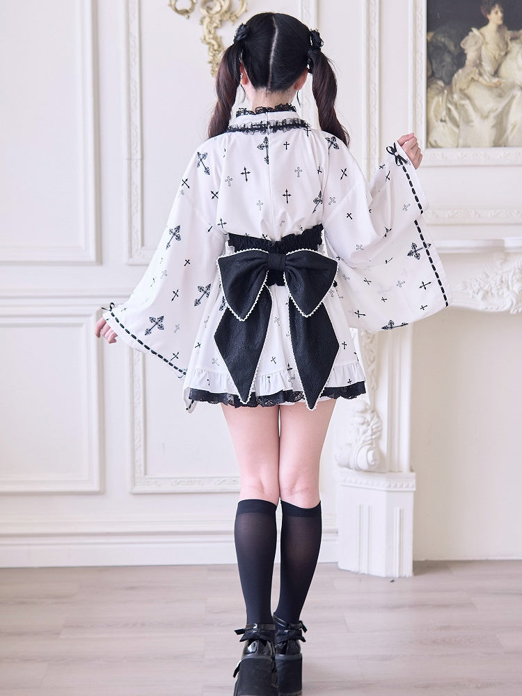 High Waist Skirt with Black Gothic Cross Print and Lace Trim Jirai Kei White