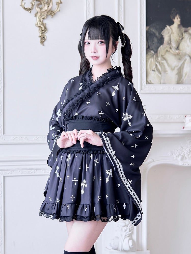 White Print Lace Kei with Waist Contrast and Black Skirt Jirai Hem Cross High