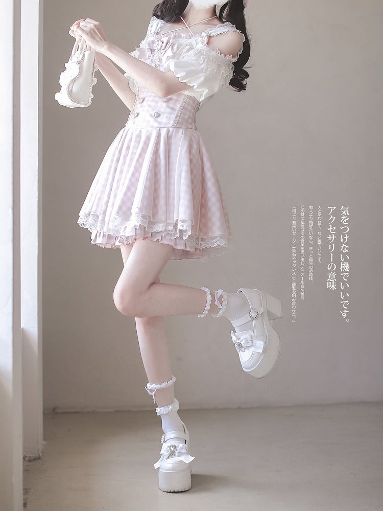 White Lace Plaid Jirai Kei High Waist Pink Trim Skirt with
