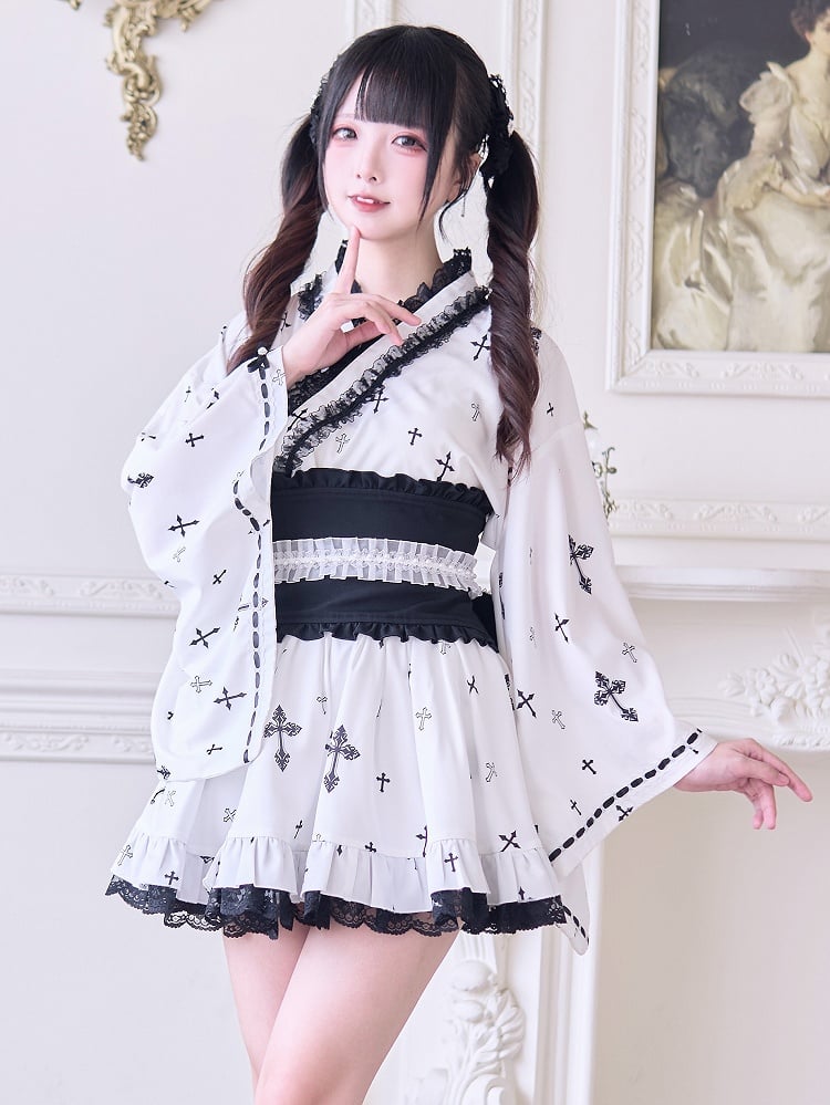 High Waist Skirt with Black Gothic Cross Print and Lace Trim Jirai Kei White