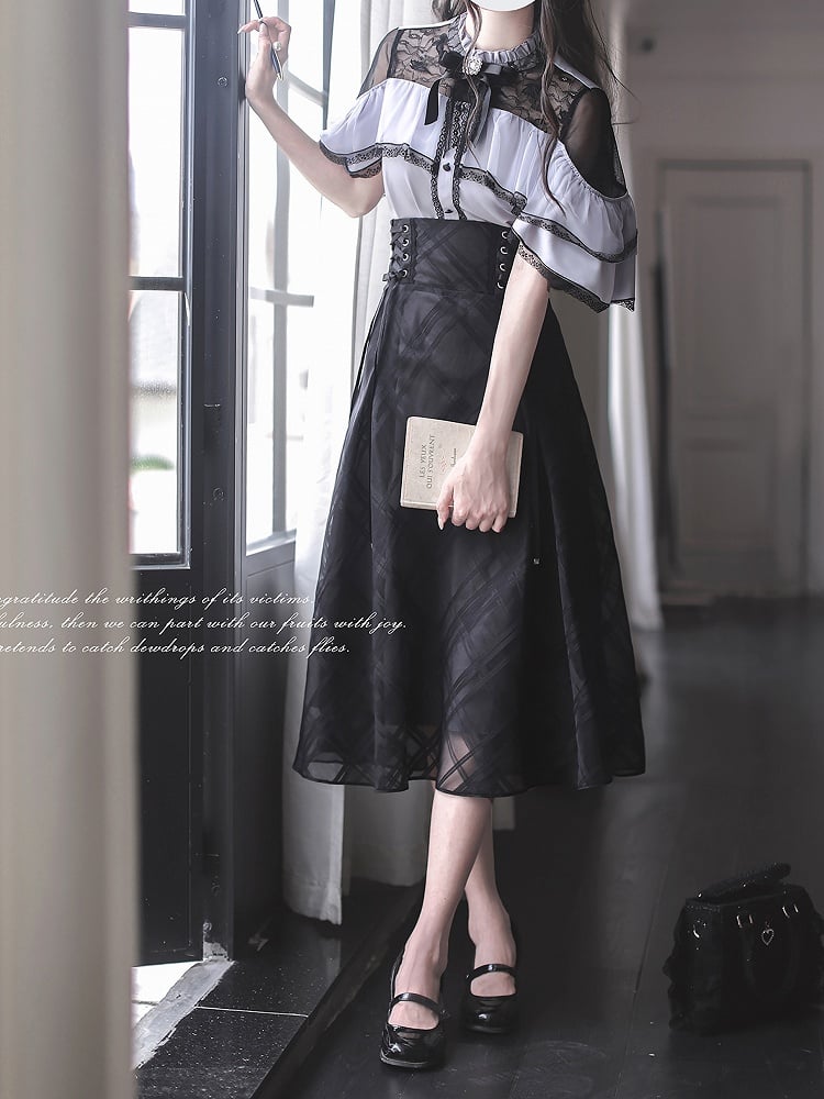 Overlay Plaid at Waist and Jirai Kei Black Details Skirt with Lace-up