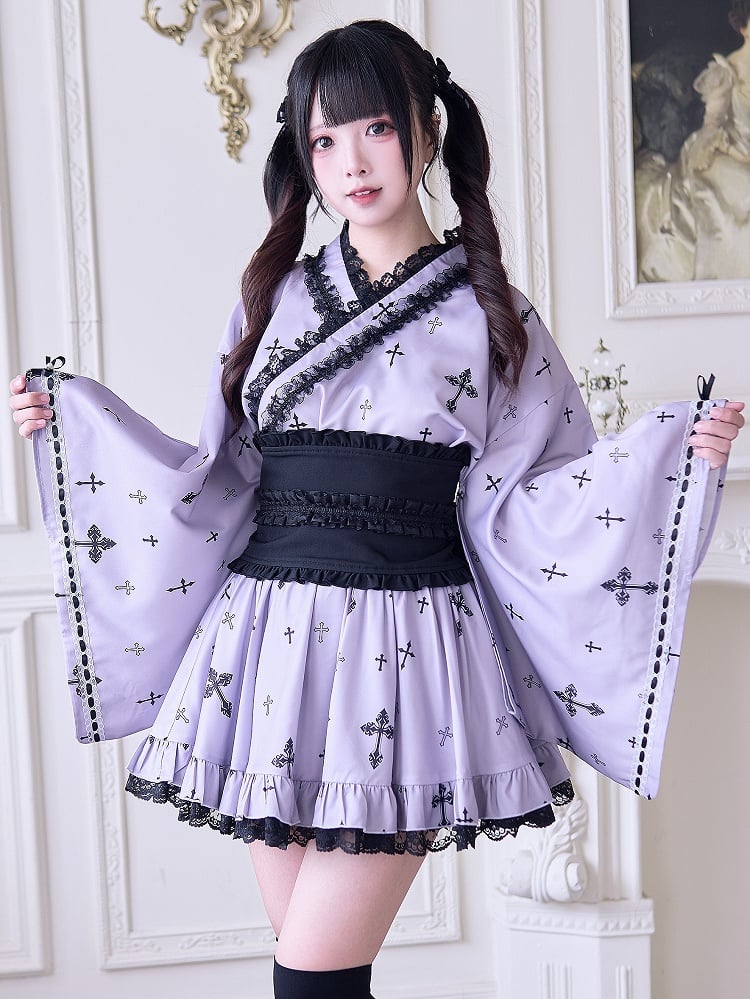 Purple Cross Details Kei Lace High Gothic Print Skirt: Waist Jirai and