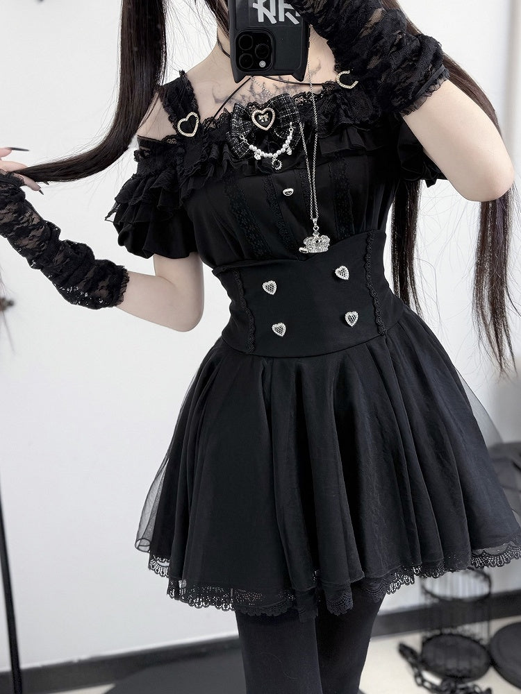 Trim Skirt Buttons Lace Sweetheart with Jirai Kei Black High Waist