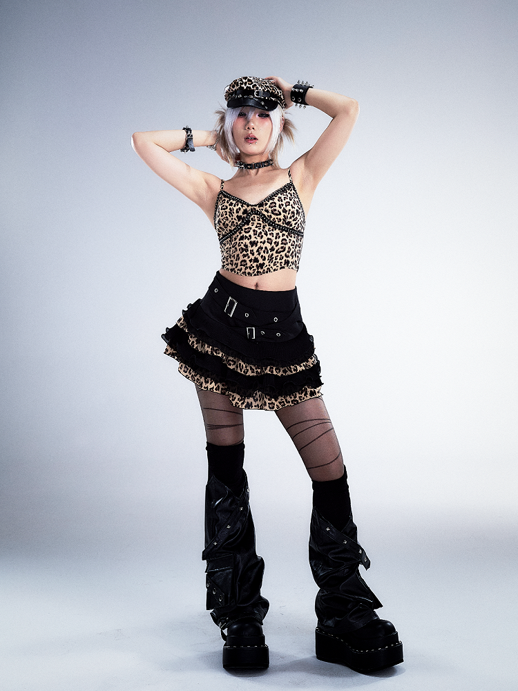Crisscross Waist Belt Black Leopard Punk Lace Tiered Mini Skirt With