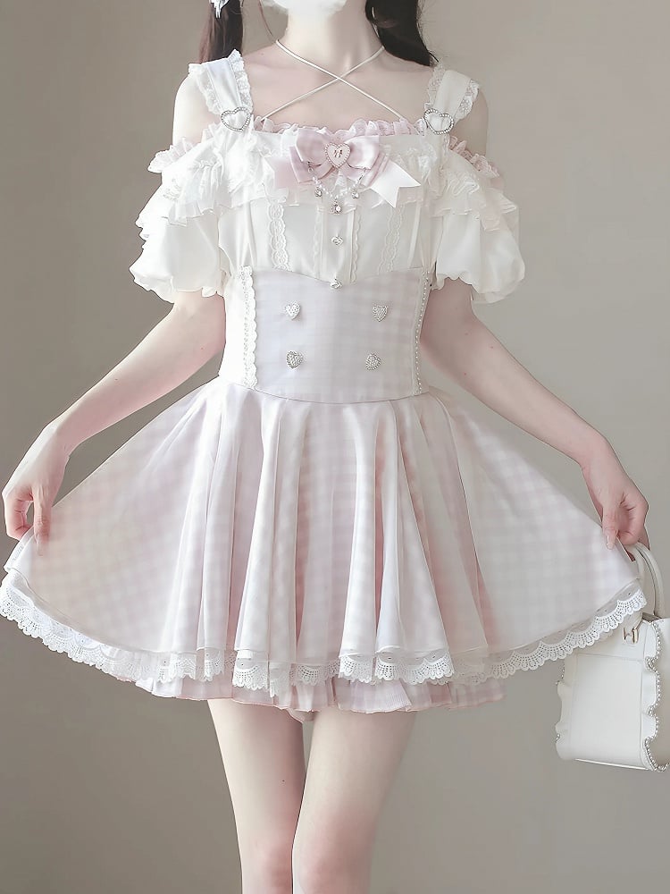 White Lace Plaid Jirai Kei High Waist Pink Trim Skirt with
