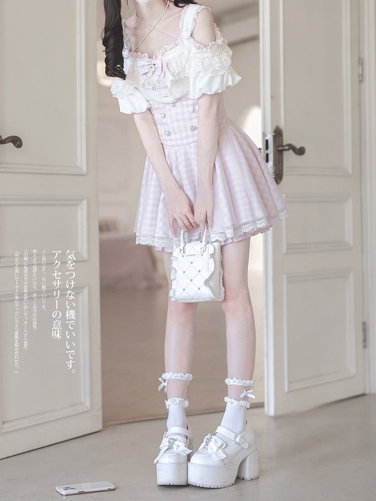 White Lace Plaid Jirai Kei High Waist Pink Trim Skirt with