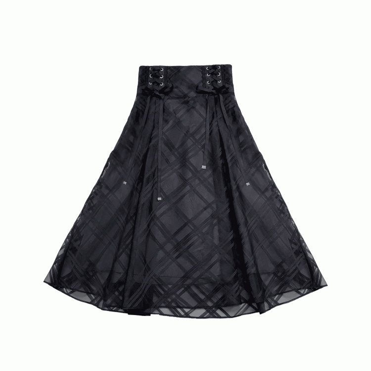 Overlay Plaid at Waist and Jirai Kei Black Details Skirt with Lace-up