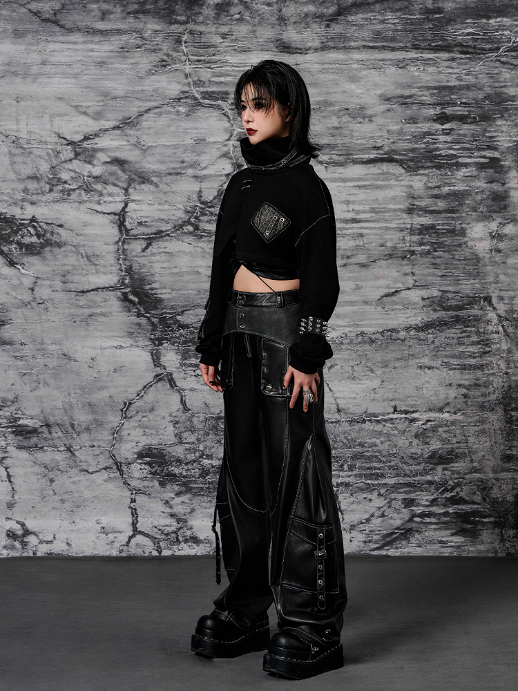 Black PU Punk Cargo Pants With Adjustable Metal Straps