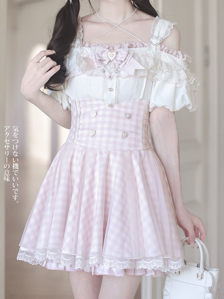 White Lace Plaid Jirai Kei High Waist Pink Trim Skirt with