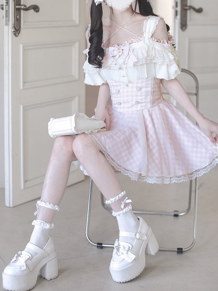 White Lace Plaid Jirai Kei High Waist Pink Trim Skirt with