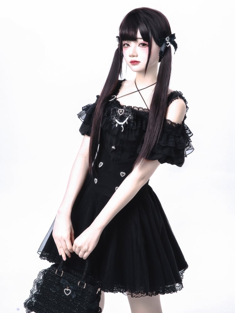Trim Skirt Buttons Lace Sweetheart with Jirai Kei Black High Waist