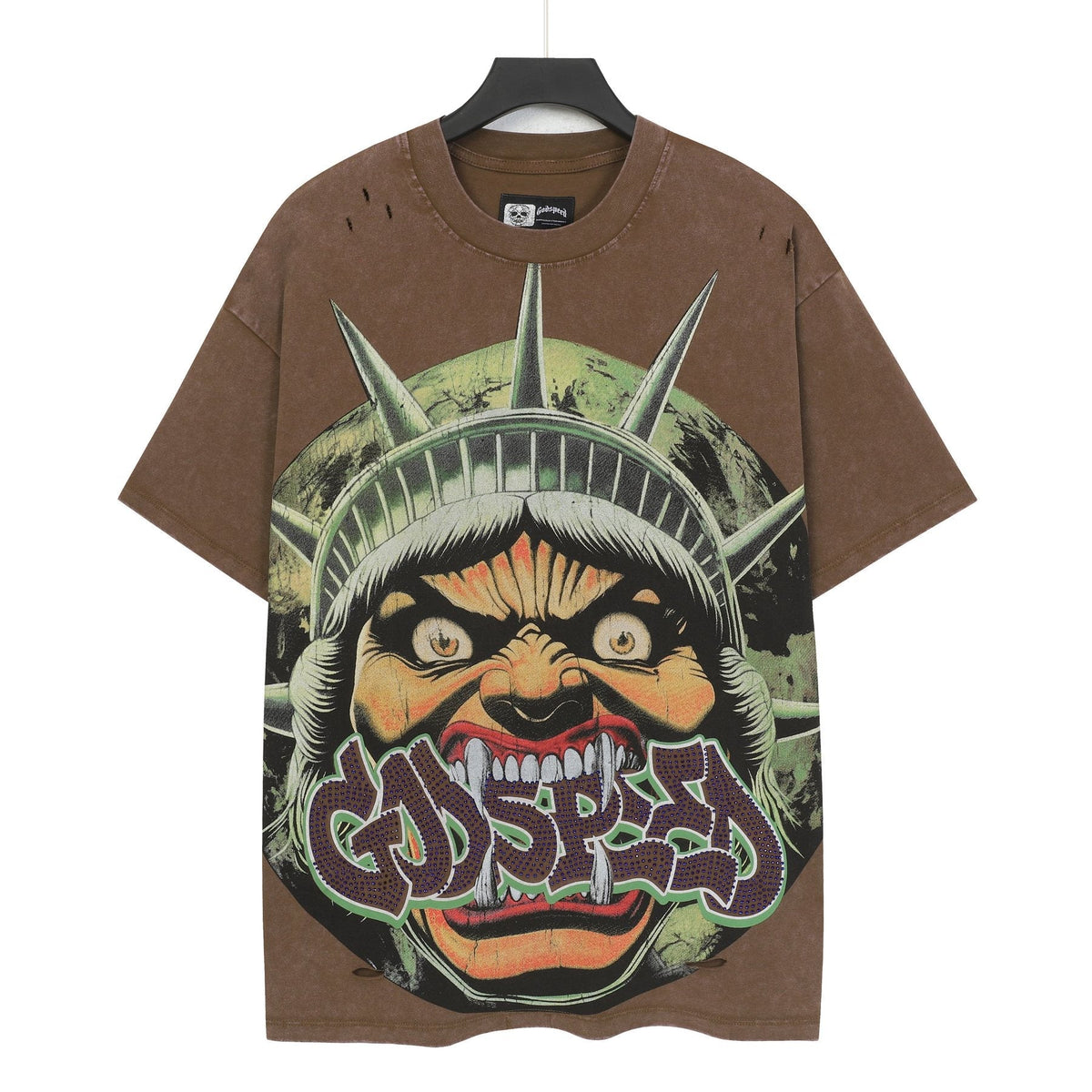 Godspeed Distressed Rhinestone Graphic T-Shirt — front