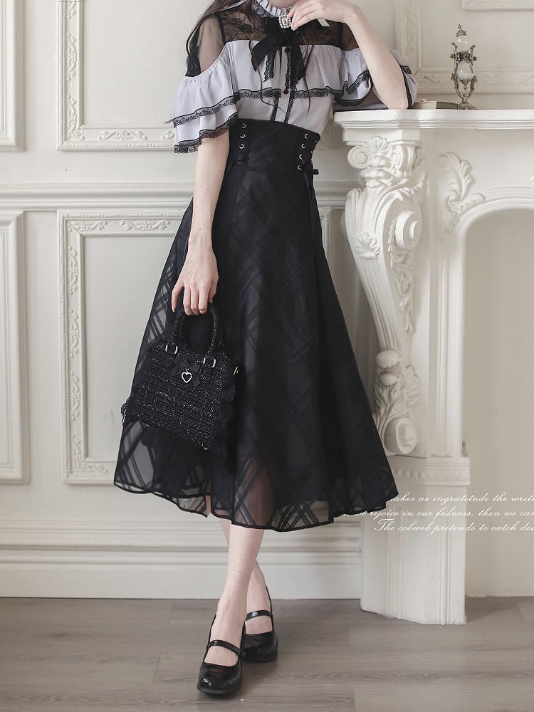 Overlay Plaid at Waist and Jirai Kei Black Details Skirt with Lace-up