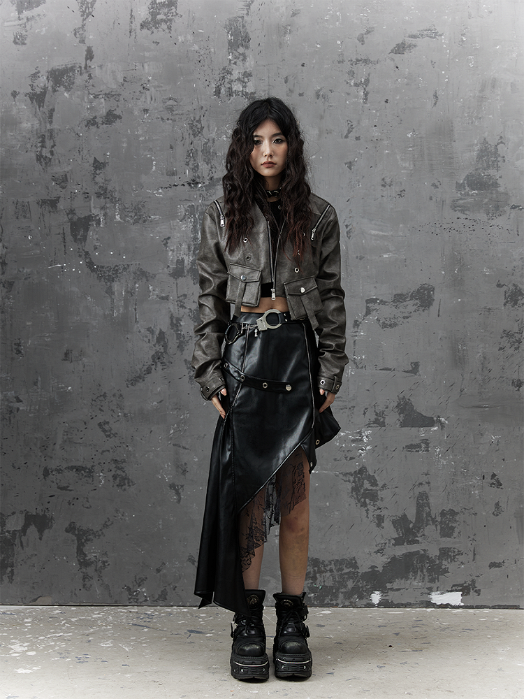 Asymmetrical Black Punk PU Skirt With Studded Belt  Lace Accents
