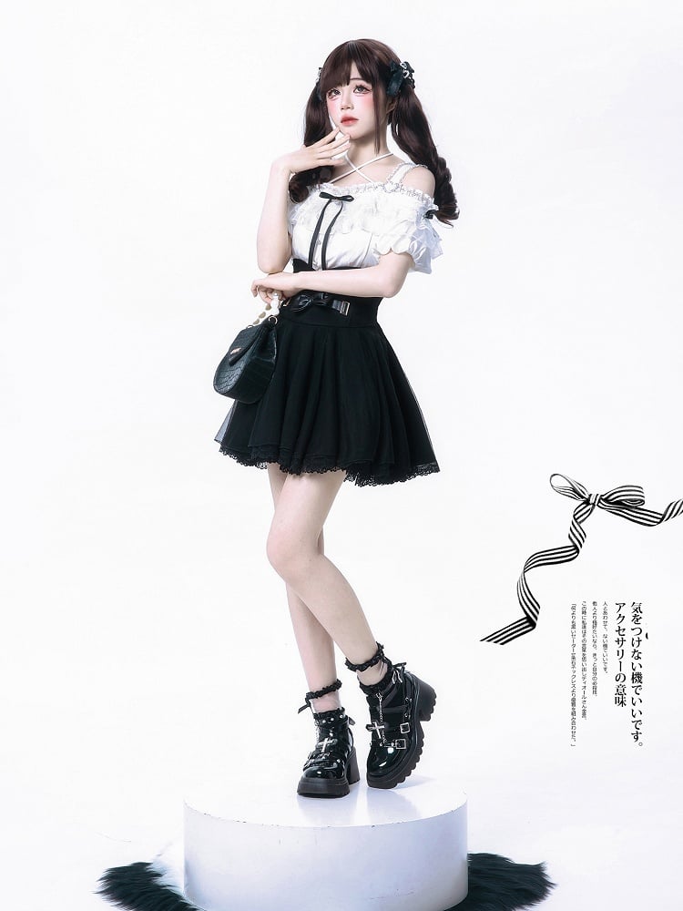 Jirai Kei Black High Waist Skirt with Overlay and Double Bowknot Accents