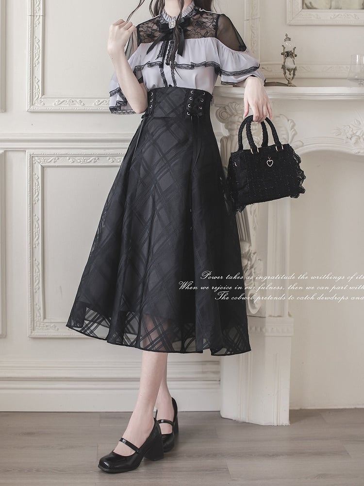 Overlay Plaid at Waist and Jirai Kei Black Details Skirt with Lace-up
