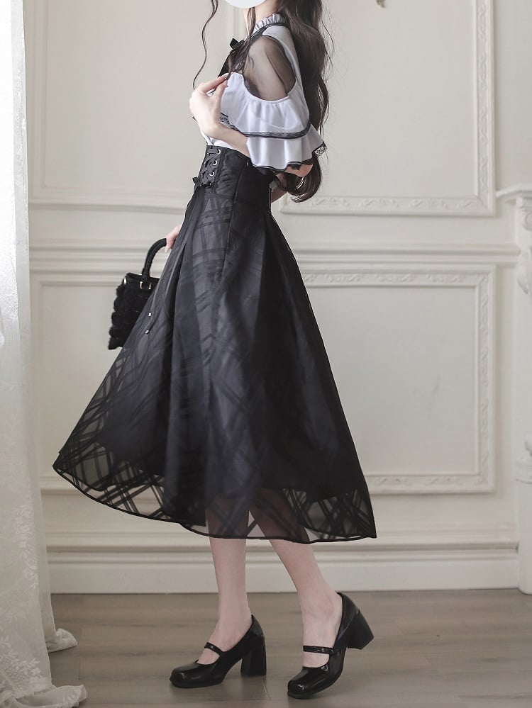 Overlay Plaid at Waist and Jirai Kei Black Details Skirt with Lace-up