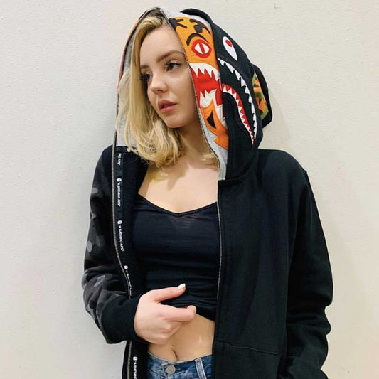 Bathing Ape Tiger Head Shark Double Hood Sweater Camouflage Hoodie Thin Velvet Terry Hooded Sweater