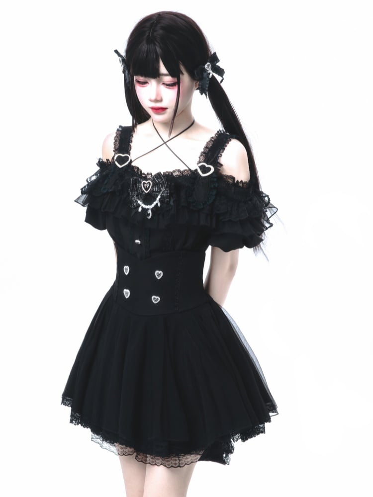 Trim Skirt Buttons Lace Sweetheart with Jirai Kei Black High Waist