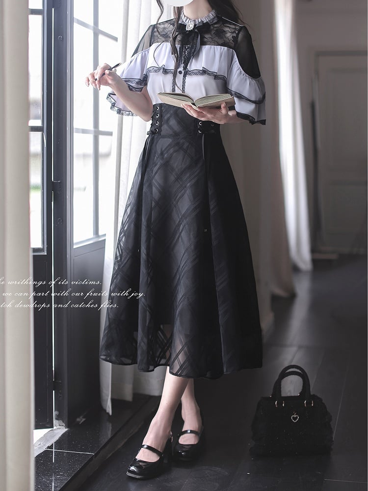 Overlay Plaid at Waist and Jirai Kei Black Details Skirt with Lace-up