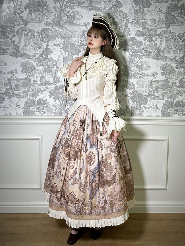 Belt Waist Pirate Lolita Skirt Corset Print Creamy Ship
