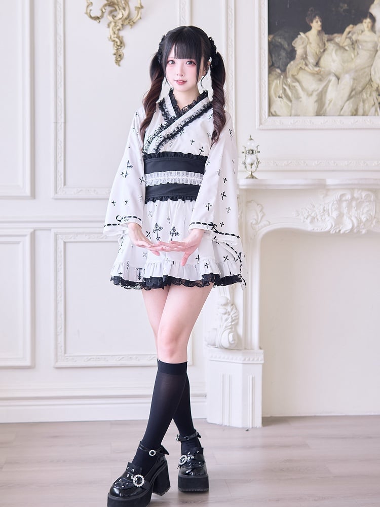 High Waist Skirt with Black Gothic Cross Print and Lace Trim Jirai Kei White