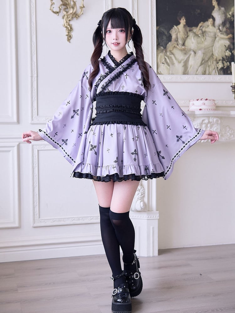 Purple Cross Details Kei Lace High Gothic Print Skirt: Waist Jirai and