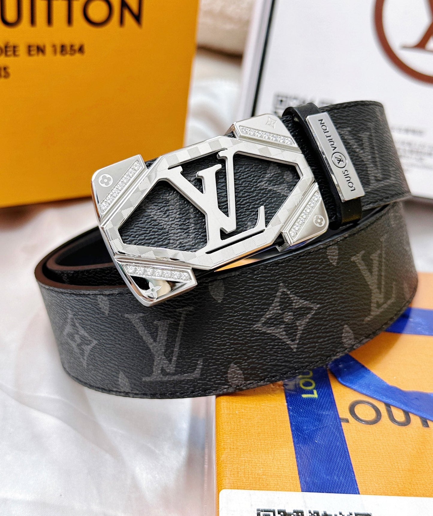 Luxury Monogram Leather Belt with Silver Geometric Buckle